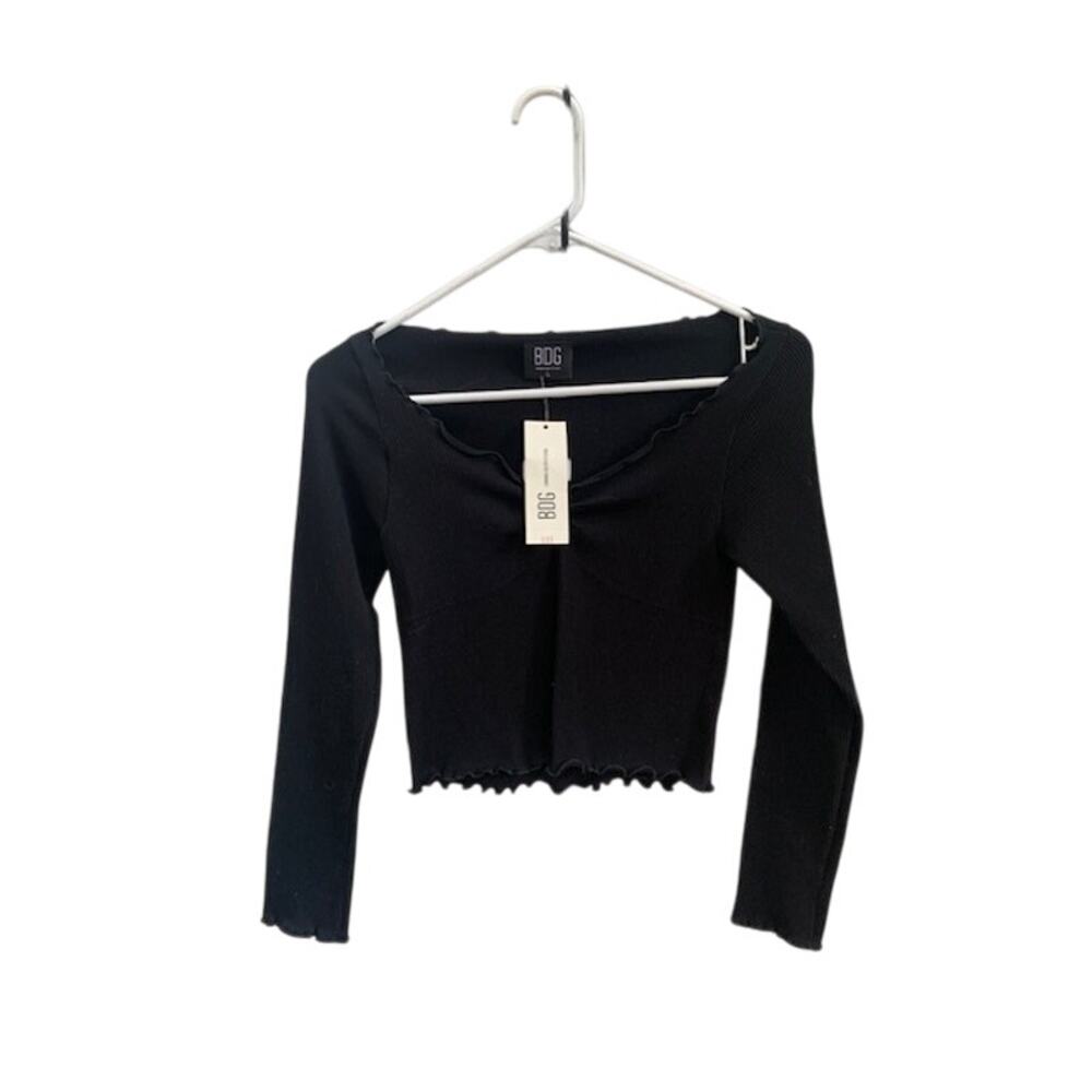 BDG Urban Outfitters Black Ribbed Lettuce Edge Long Sleeve Crop‎ Top NWT Large